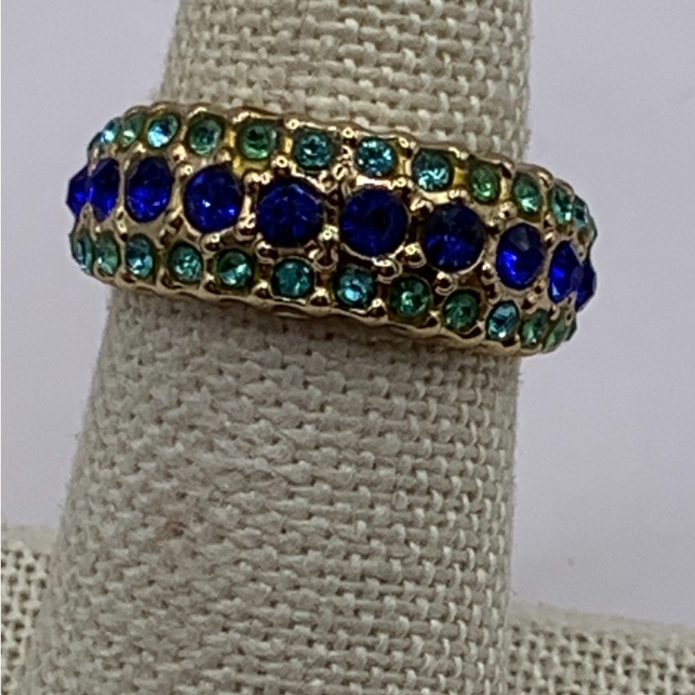 Pave Dome Ring Blue & Teal Rhinestone Gold Tone Size 6.5